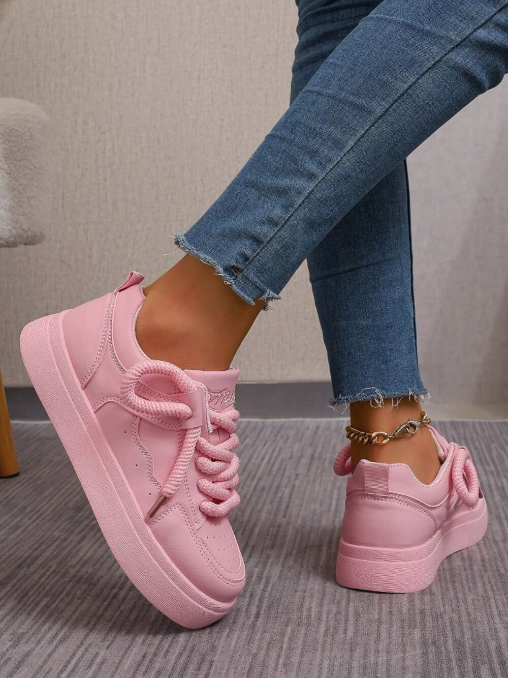 Pink Casual Women's Comfortable Lace-Up Sneakers - Picture 4 of 5
